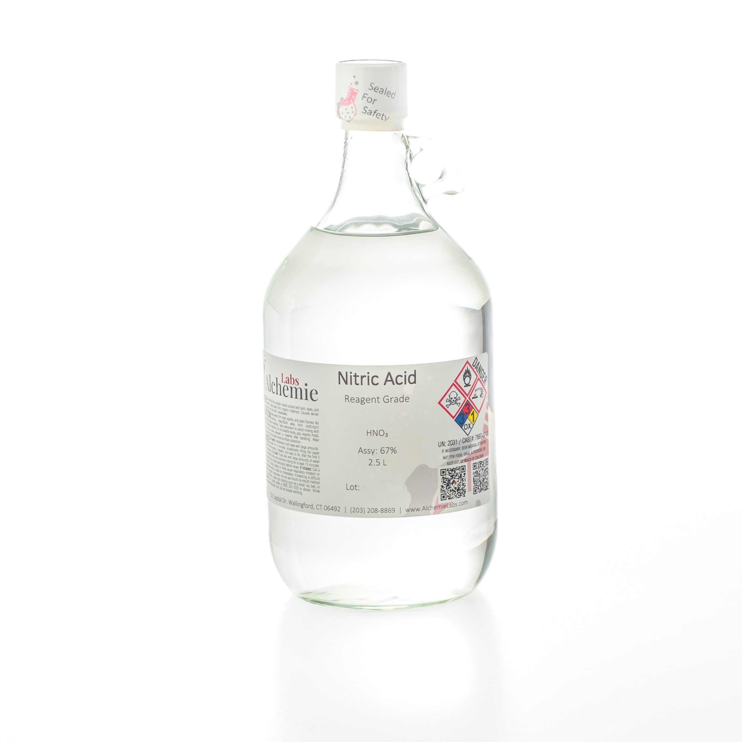 2.5L bottle of reagent grade nitric acid by Alchemie Labs, with safety seal and chemical information on the label.