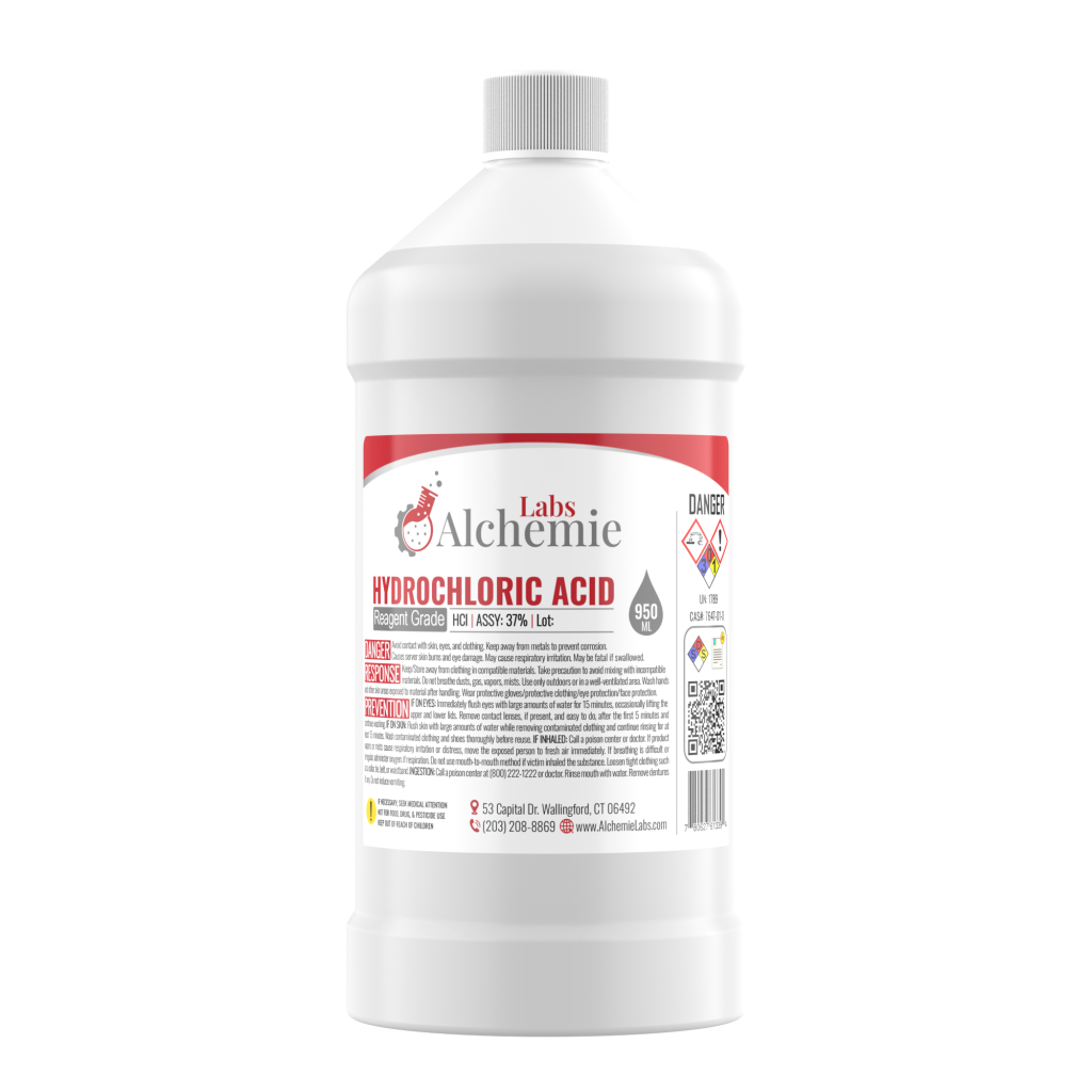 950mL plastic bottle of Alchemie Labs hydrochloric acid, reagent grade, with hazard warnings and a QR code on the label.