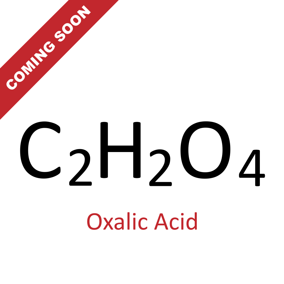 Promotional image with 'COMING SOON' and the chemical formula C2H2O4 for oxalic acid.