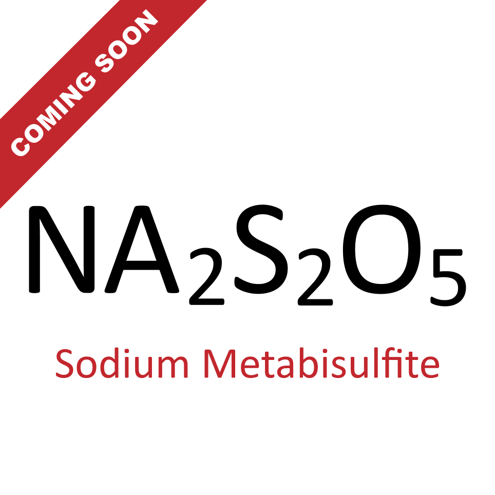 Upcoming product teaser showing 'COMING SOON' alongside the chemical formula Na₂S₂O₅ for sodium metabisulfite.