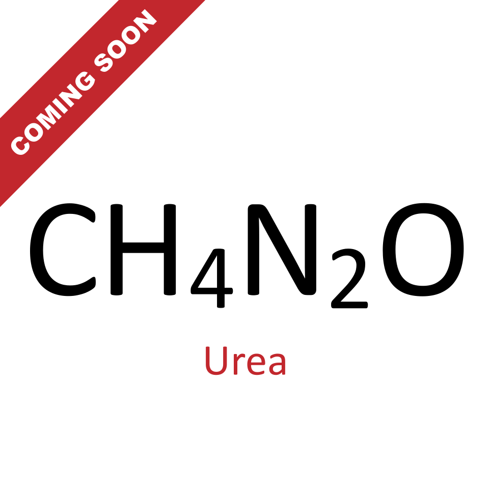 Image announcing 'COMING SOON' with the chemical formula for urea, CH₄N₂O, indicating its future availability.