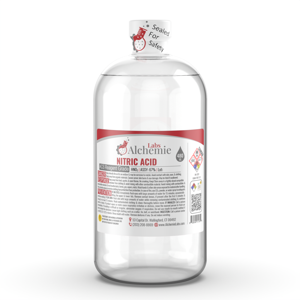 A 480mL clear glass bottle of reagent grade nitric acid by Alchemie Labs with detailed labeling and safety information.