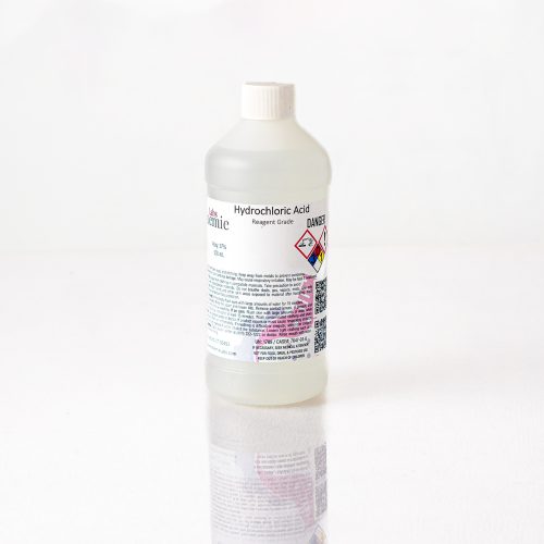 A 500mL opaque plastic bottle of Alchemie Labs hydrochloric acid, reagent grade, with detailed safety labeling.