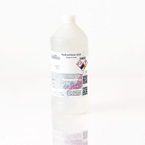 950mL plastic bottle of Alchemie Labs hydrochloric acid, reagent grade, with hazard warnings and a QR code on the label.